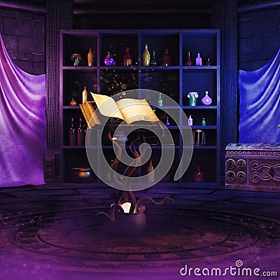 Sorcerer's chamber with a book of spells Stock Photo