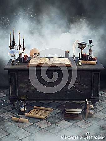 Sorcerer`s desk with magic items Stock Photo