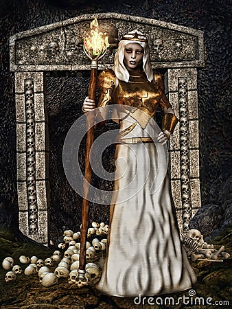 Sorceress at the gate with skulls Stock Photo