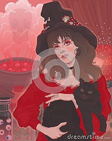 sorceress girl in a hat with a black cat Vector Illustration