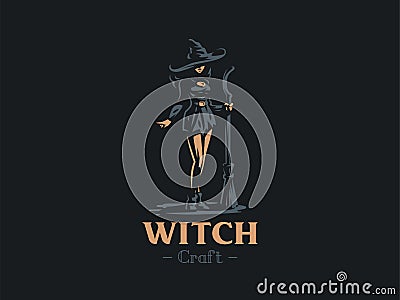 Woman witch with a magic broom. Vector Illustration