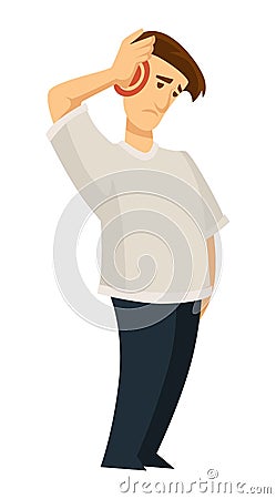 Sore ear ache otitis guy holding head isolated male character Vector Illustration