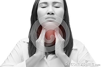 Sore throat woman on white background Stock Photo