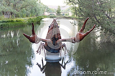 Soria, Spain - August 21, 2022: monument of the giant crab in the duero river Editorial Stock Photo