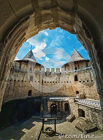 Soroca Fortress view from inside. Ancient military fort, historical landmark located in Moldova. Old stone walls fortifications, Stock Photo