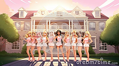 Sorority sisters outside a sorority house at college, wearing pink and white clothing. Stock Photo