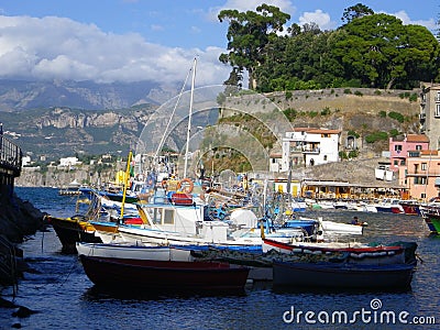 Sorrento Harbor with Boats, Hotels and Mountain Backdrop Editorial Stock Photo