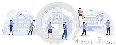 Sorry we are closed - big sign. Bankrupt business. Closed establishments, cafe, shop, store, salon through crisis, set flat vector Vector Illustration