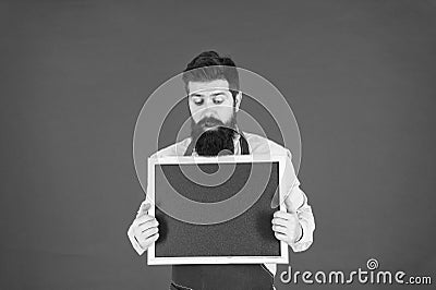 Sorry we are closed. Hipster bartender show blackboard copy space. Hipster restaurant staff. Hipster informing you. Man Stock Photo