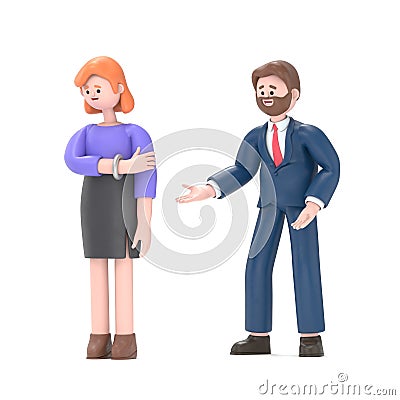 Sorry. The man apologizes to the offended woman. Relationships. 3D illustration in a flat style.3D rendering on white background. Cartoon Illustration