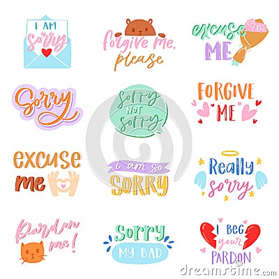 Sorry text vector excuse lettering design forgiveness message apologize typography script illustration typographic Vector Illustration