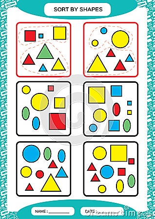 Sort by Shapes. Sorting Game. Group by shapes - square, circle,triangle. . Special sorter for preschool kids. Worksheet Vector Illustration