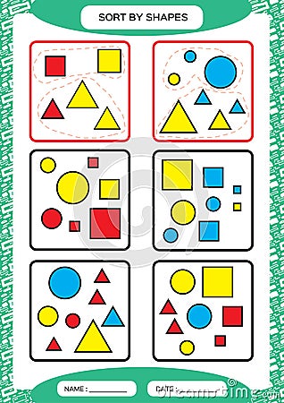 Sort by Shapes. Sorting Game. Group by shapes - square, circle,triangle. . Special sorter for preschool kids. Worksheet Vector Illustration