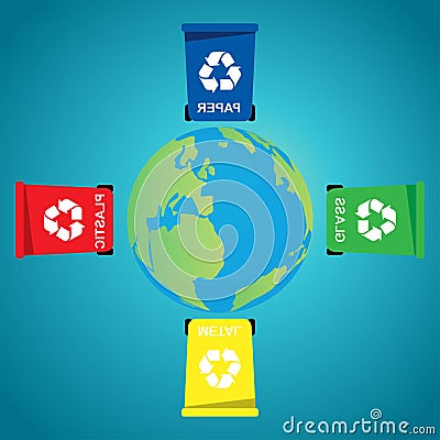 Selective collection of garbage colored containers with inscriptions for separate waste around the globe Vector Illustration