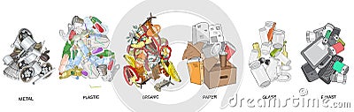 Sorted garbage set. Different types of garbage heap - Organic, Plastic, Metal, Paper, Glass, E-waste Stock Photo