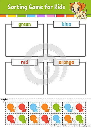 Sorting game for kids. Cut and glue. Education developing worksheet. Matching game for kids. Color activity page. Puzzle for Vector Illustration