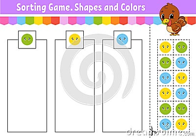 Sorting game. Shapes and colors. Cut and glue. Education developing worksheet. Game for kids. Color activity page. Puzzle for Vector Illustration