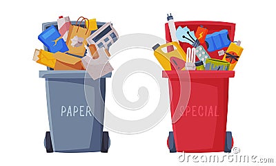 Sorting Garbage with Dustbin Full of Recycle Trash Vector Set Vector Illustration