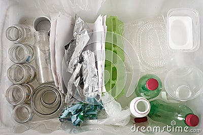 Sorting of garbage types. Waste management concept. Top view. Conceptual image for environmental pollution and consumerism Stock Photo