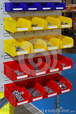Sorting parts bins Stock Photo