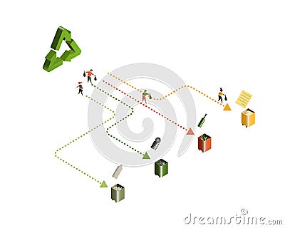 Sorting trash for recycling. Recyclable waste is separated by people into different containers. Isometric vector illustration Vector Illustration