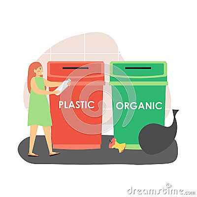 Sorting waste for recycling. Woman, ecologist throwing plastic bottle into red trash can, flat vector illustration Vector Illustration