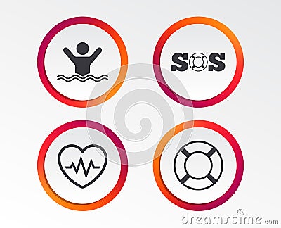 SOS lifebuoy icon. Heartbeat cardiogram. Vector Illustration