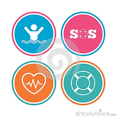 SOS lifebuoy icon. Heartbeat cardiogram. Vector Illustration