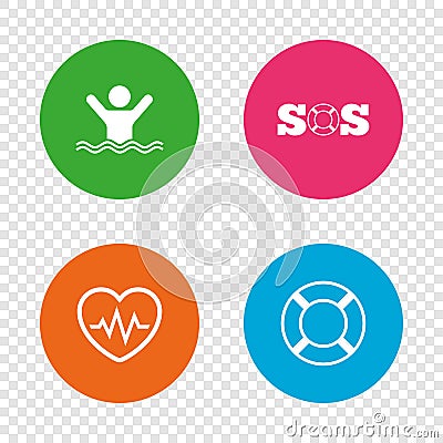 SOS lifebuoy icon. Heartbeat cardiogram. Vector Illustration