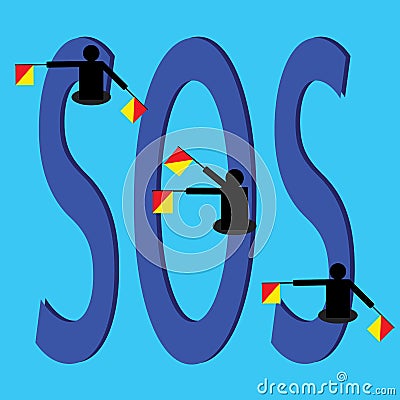 Sos semaphore flags and text on blue background. Vector Illustration