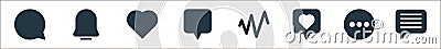 sosmed line icons. linear set. quality vector line set such as chat box, more, favourite, activity, speech bubble, love, Vector Illustration