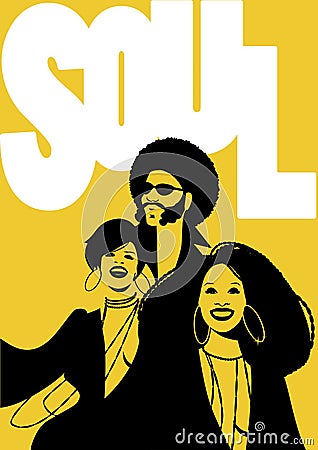 Soul Music Poster. Group of man and two girls. Vector Illustration