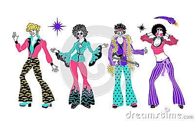 Soul Party Time. Dancers of soul, funk or disco. People in 1980s, eighties style clothes dancing disco set Vector Illustration