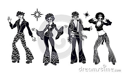 Soul Party Time. Dancers of soul silhouette funk or disco.People in 1980s, eighties style clothes dancing Vector Illustration