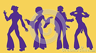 Soul Party Time. Dancers of soul silhouette funk or disco.People in 1980s, eighties style clothes dancing disco, Vector Illustration