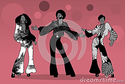 Soul Party Time. Group of man and two girls dancing soul, funk or disco Vector Illustration