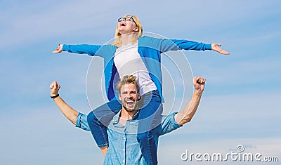 Soulmates enjoy freedom together. Couple in love enjoy freedom outdoor sunny day. Couple happy date having fun together Stock Photo