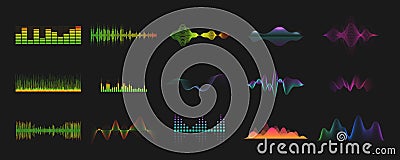 Sound and audio equalizer waves neon light icons set. Glowing signs. Voice recording, radio signal Vector Illustration