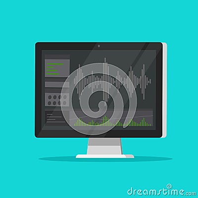 Sound or audio recorder or editor software on computer screen, flat cartoon monitor with audio mixer studio icon Vector Illustration