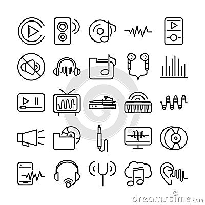 Sound audio volume music line style icons set Vector Illustration