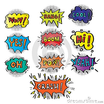 Sound bubble speech with word and comic cartoon expression. Vector Illustration