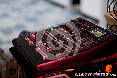 Sound check for concert, mixer control, music engineer, backstage Stock Photo