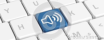 Sound, computer volume. Blue key button with a speaker on a computer keyboard, banner. 3d illustration Cartoon Illustration