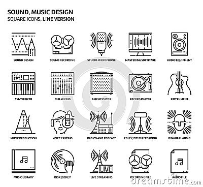 Sound design, square icon set Vector Illustration