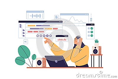 Sound designer in headphones at laptop computer with professional multimedia software. Woman listening music, working Vector Illustration