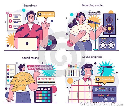 Sound engineer concept set. Music production industry, sound recording Vector Illustration