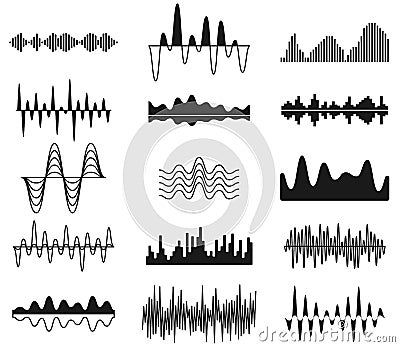 Sound frequency waves. Analog curved signal symbols. Audio track music equalizer forms, soundwaves signals vector set Vector Illustration