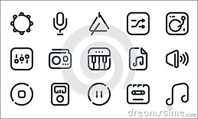 Sound line icons. linear set. quality vector line set such as music note, pause, stop, cassette, adjust, music, shuffle, Vector Illustration