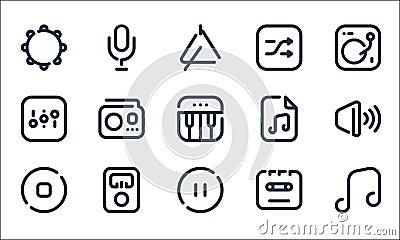 Sound line icons. linear set. quality vector line set such as music note, pause, stop, cassette, adjust, music, shuffle, Vector Illustration