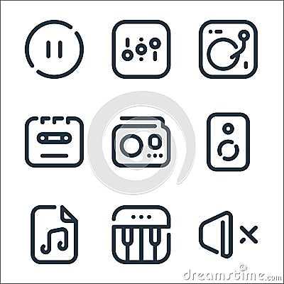 Sound line icons. linear set. quality vector line set such as silent, piano, music, speaker, radio, cassette, dj mixer, adjust Vector Illustration